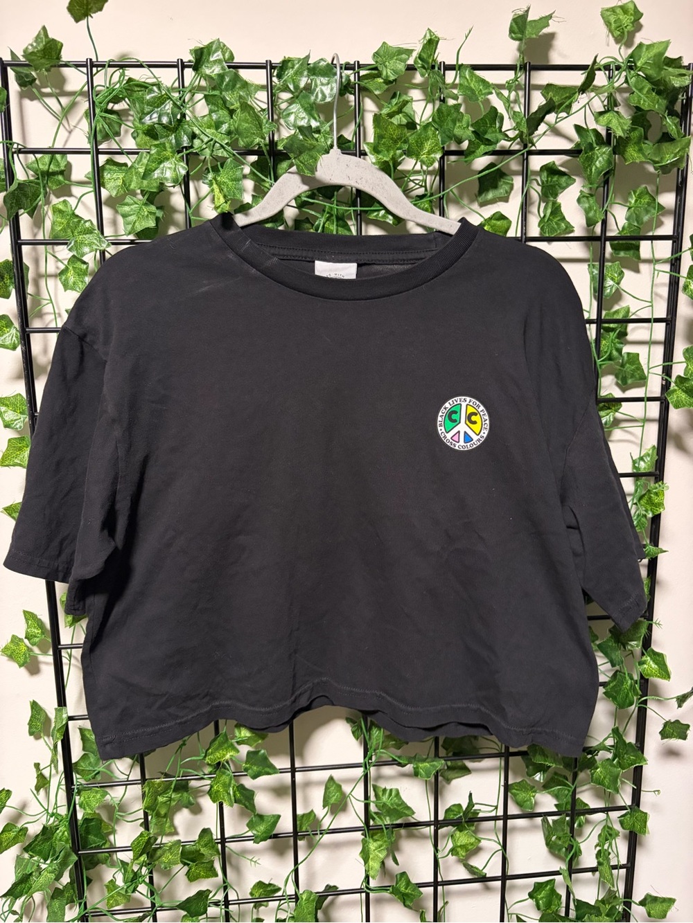 Cross Colours Women's Black Cropped Crewneck Top with Peace Logo